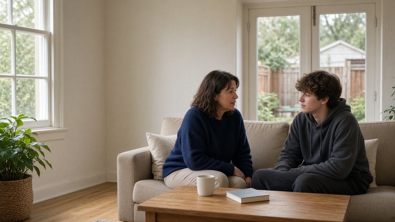 A support worker talking with a young person in a homely ForeverCare living room